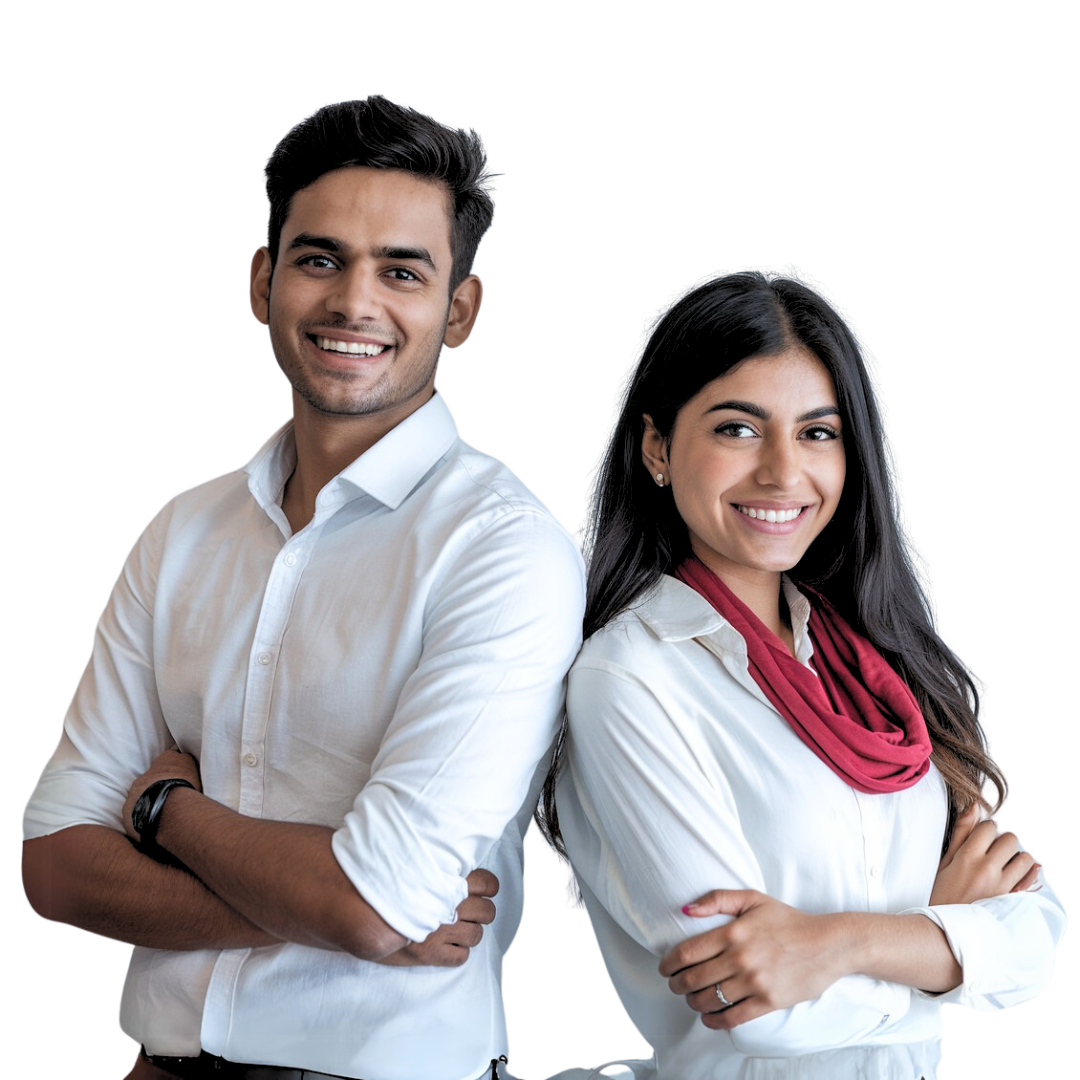 A young man and woman posing happily in the camera wearing