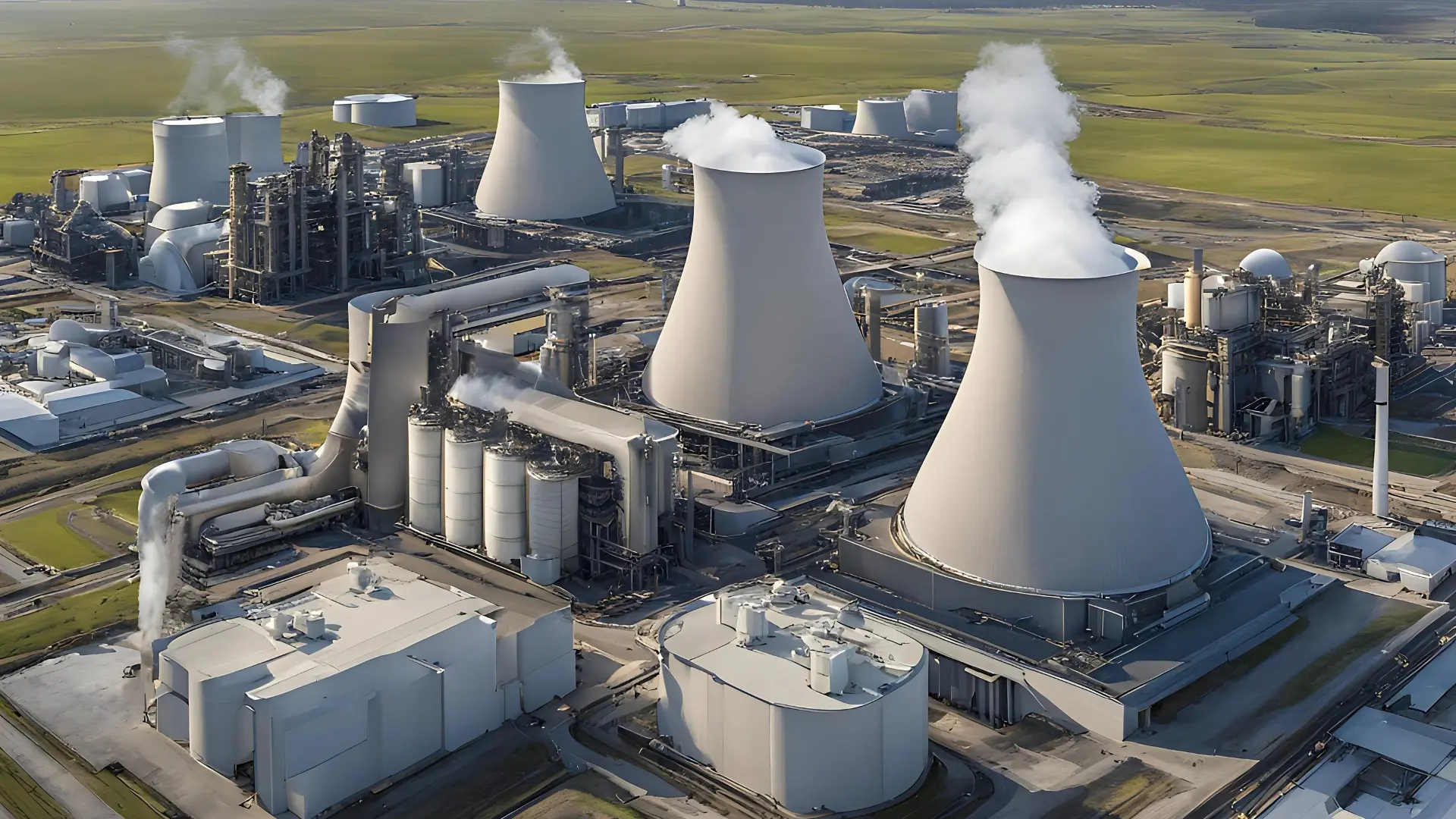 Aerial view of a Power Plant with nice clean white smoke